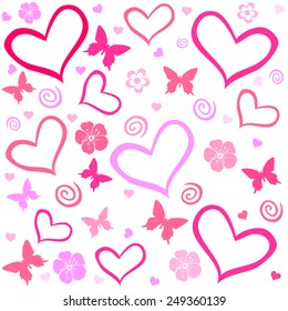 Seamless pattern with hearts, flower and butterfly. Vector Illustration