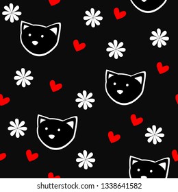 seamless pattern with hearts, flower and cats on black background. vector image. can be used as packaging paper design, textiles, kitchen supplies, Wallpaper, postcards, background and more.