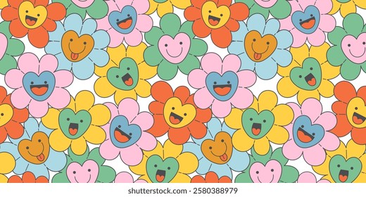 Seamless pattern with hearts flower characters in doodle groovy style. Element for decoration postcards poster print background backdrop wrapping wallpaper banner