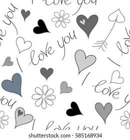 Seamless pattern of hearts, flower and I love you text in a gray and black colors on a white background. Vector illustration.