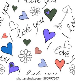 Seamless pattern of hearts, flower and I love you text in a blue, violet and pink colors on a white background. Vector illustration.