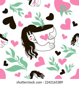 Seamless pattern of hearts, flower pot, girl. Love of nature. Girl hugging a flower pot. Vector illustration.