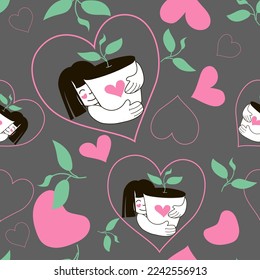 Seamless pattern of hearts, flower pot, girl. Love of Nature. Girl hugging flowerpot. Vector illustration on gray background.