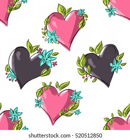 Seamless pattern with hearts flowers