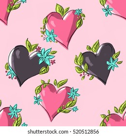 Seamless pattern with hearts flowers