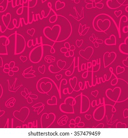 Seamless pattern with hearts, flowers, butterfly and lettering on red background. Eps-8