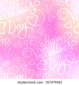 Seamless pattern with hearts, flowers, butterfly and lettering on blurred background. Eps-10