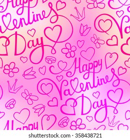 Seamless pattern with hearts, flowers, butterfly and lettering on blurred background. Eps-10