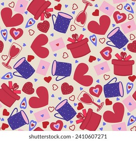 Seamless pattern with hearts, flowers, cups, presents which can suit for St. Valentine's day for textile, wallpapers, wrapping paper, backgroungs. 