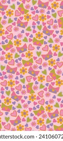 Seamless pattern with hearts, flowers, cups, presents which can suit for St. Valentine's day for textile, wallpapers, wrapping paper, backgroungs. 