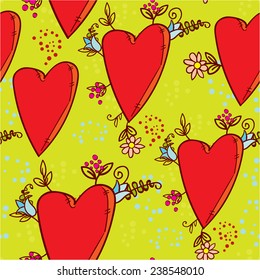 Seamless pattern with hearts and flowers with a doodle-style graphics sketch
