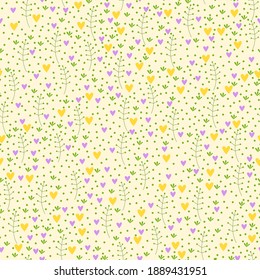 seamless pattern with hearts flowers dots green pink yellow. Pattern for wrapping paper, for textiles