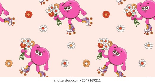 Seamless pattern with hearts and flowers in a groovy style. The character is a heart for the design of packaging, postcards. Happy Valentine's Day.