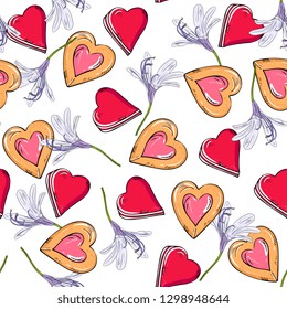 Seamless pattern with hearts and flowers. Hand drawing sketch style . heart candy and cookies, sweets.Valentine's Day. for fabric, textile design,wrapping,