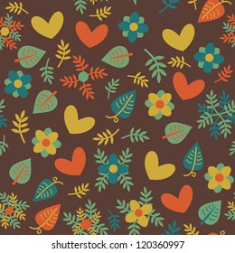 Seamless pattern with hearts, flowers and leaves. Vector.