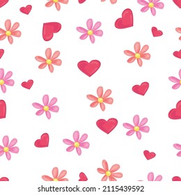 Seamless pattern with hearts and flowers. Love concept. Vector cartoon illustration for packaging, poster, postcard.