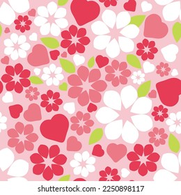 Seamless pattern with hearts and flowers in minimalist flat style. Beautiful background for Valentine's Day, Women's Day, March 8, wedding, Mother's day.