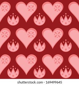 Seamless pattern with hearts and flowers on red. Vector illustration.