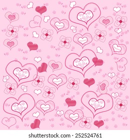 Seamless pattern hearts and in the flowers on a pink background