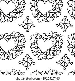 Seamless pattern with hearts in flowers, petals in the form of hearts, black and white pattern. Floral pattern.