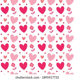 Seamless pattern with hearts and flowers in pink color scheme