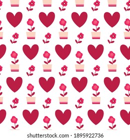 Seamless pattern with hearts, flowers in pink color scheme