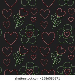 Seamless pattern of hearts and flowers in red and green on a black background