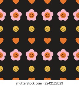 Seamless pattern of hearts, flowers, and smiles. Concept of valentine's day, romance, good moments, love. 