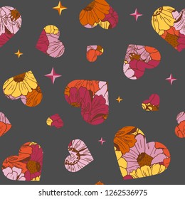 Seamless pattern with hearts from flowers and stars for textile, bedlinen, packing, pillow, undergarment, wallpaper. Valentine`s day background.