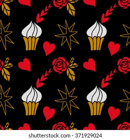 Seamless pattern with hearts, flowers, stars, cupcakes. Fabric design. Hand drawn ornament. Background texture, wallpaper, wrapping
