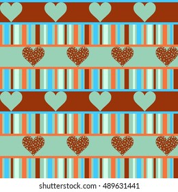 Seamless pattern with hearts, flowers and stripes. Background for fabric, textile, paper, wrapping, Valentine.