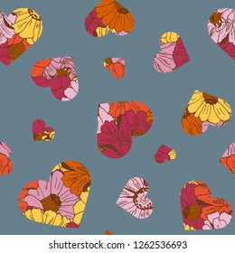 Seamless pattern with hearts from flowers for textile, bedlinen, packing, pillow, undergarment, wallpaper. Valentine`s day background.