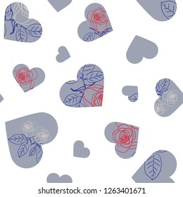 Seamless pattern with hearts from flowers for textile, bedlinen, packing, pillow, undergarment, wallpaper. Valentine`s day background. Vector illustration.