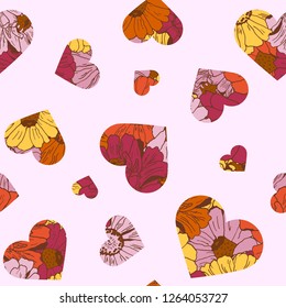 Seamless pattern with hearts from flowers for textile, bedlinen, packing, pillow, undergarment, wallpaper. Valentine`s day background.