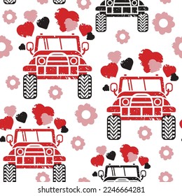 Seamless pattern with hearts, flowers, truck car, all - terrain vehicle in flat stamp style. Car silhouette front view with hearts and flowers on white background.