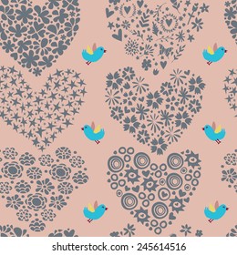 Seamless pattern with hearts and flowers. Vector illustration.