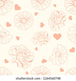 Seamless pattern with hearts and flowers (zinnia, camomile, sunflower, daisy) for textile, bedlinen, pillow, undergarment, baby, children`s products. Valentine`s day background. Vector illustration.