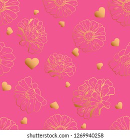 Seamless pattern with hearts and flowers (zinnia, sunflower, daisy, camomile) for textile, bedlinen, packing, pillow, undergarment, wrapping paper. Valentine`s day background. Vector illustration.