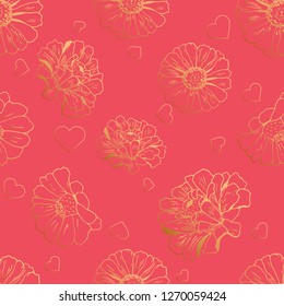 Seamless pattern with hearts and flowers (zinnia, sunflower, daisy, camomile) for textile, bedlinen, packing, pillow, undergarment, wrapping paper. Valentine`s day background. Vector illustration.