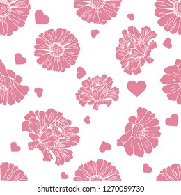 Seamless pattern with hearts and flowers (zinnia, sunflower, daisy, camomile) for textile, bedlinen, packing, children products, wrapping paper. Valentine`s day background. Vector illustration.