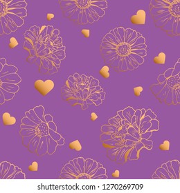 Seamless pattern with hearts and flowers (zinnia, sunflower, daisy, camomile) for textile, bedlinen, packing, pillow, undergarment, wrapping paper. Valentine`s day background. Vector illustration.