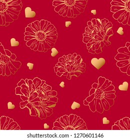 Seamless pattern with hearts and flowers (zinnia, sunflower, daisy, camomile) for textile, bedlinen, packing, pillow, undergarment, wrapping paper. Valentine`s day background. Vector illustration.