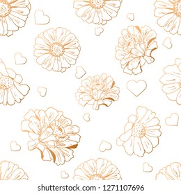 Seamless pattern with hearts and flowers (zinnia, sunflower, daisy, camomile) for textile, bedlinen, packing, pillow, undergarment, wrapping paper. Valentine`s day background. Vector illustration.