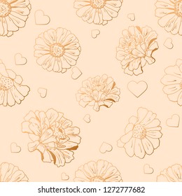 Seamless pattern with hearts and flowers (zinnia, sunflower, daisy, camomile) for textile, bedlinen, packing, pillow, undergarment, wrapping paper. Valentine`s day background. Vector illustration.