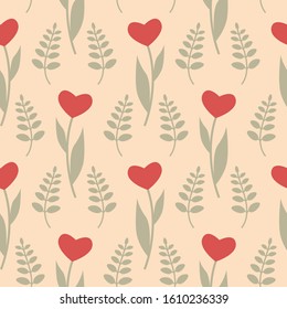 Seamless pattern with hearts in the form of flowers tulips. Spring floral background. Vector illustration EPS10