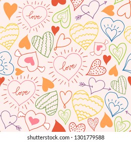 Seamless pattern with hearts. Freehand drawing. Can be used on packaging paper, fabric, background for different images, etc.
