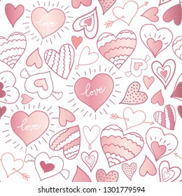 Seamless pattern with hearts. Freehand drawing. Can be used on packaging paper, fabric, background for different images, etc.
