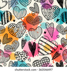 Seamless pattern with hearts. Freehand drawing