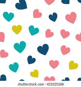 Seamless pattern with hearts of fresh colors on a white background. Vector repeating texture.