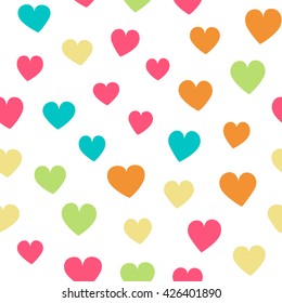 Seamless pattern with hearts of fresh colors on a white background. Vector repeating texture.